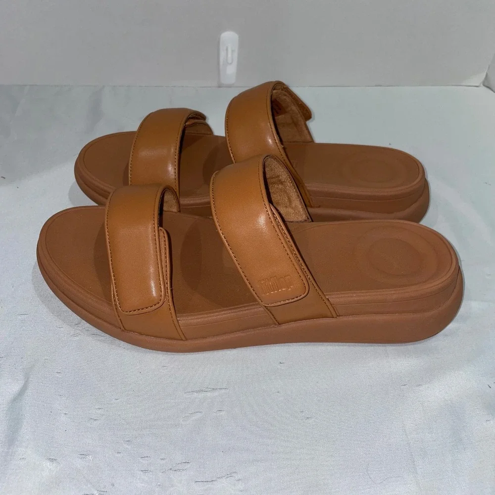FitFlop F-Mode Go Adjustable Flatform Two-Bar Slides Deep Tan IW2-C15 Womens 10
